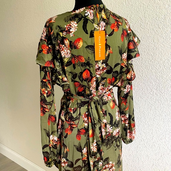 GIGI PARKER • Ruffled Long Sleeve Wrap Dress Safari Floral Deep Lichen Green NWT - Picture 9 of 13